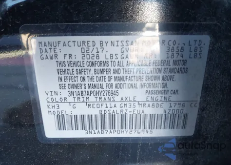 2017 Nissan Sentra Sr from USA, damaged, VIN 3N1AB7AP0HY276945